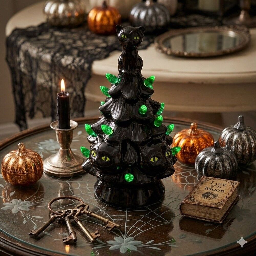 Vintage Style Ceramic Black Cat Halloween Tree Lighted Spooky Decor NEW